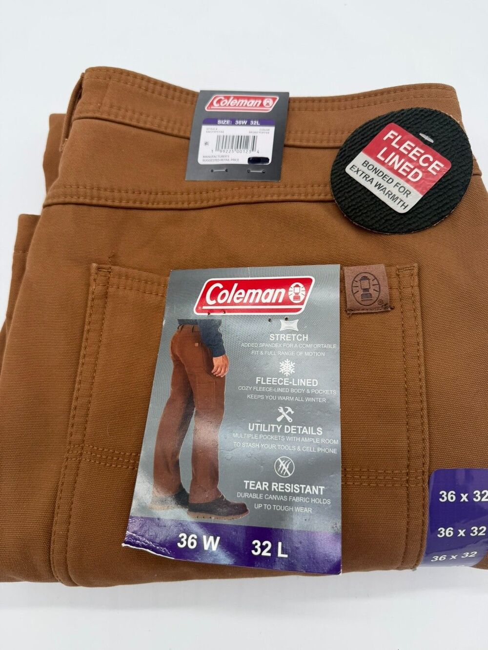 Coleman Men's Fleece Lined Rugged Bonded Utility Pants 36 X 32 Toffee Canvas NWT